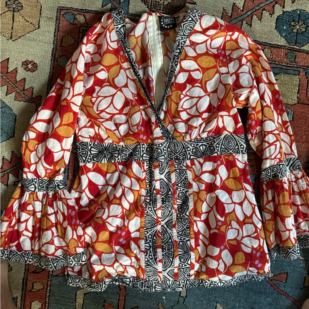 Colorful Floral Blouse with Bell Sleeves, from Spain.